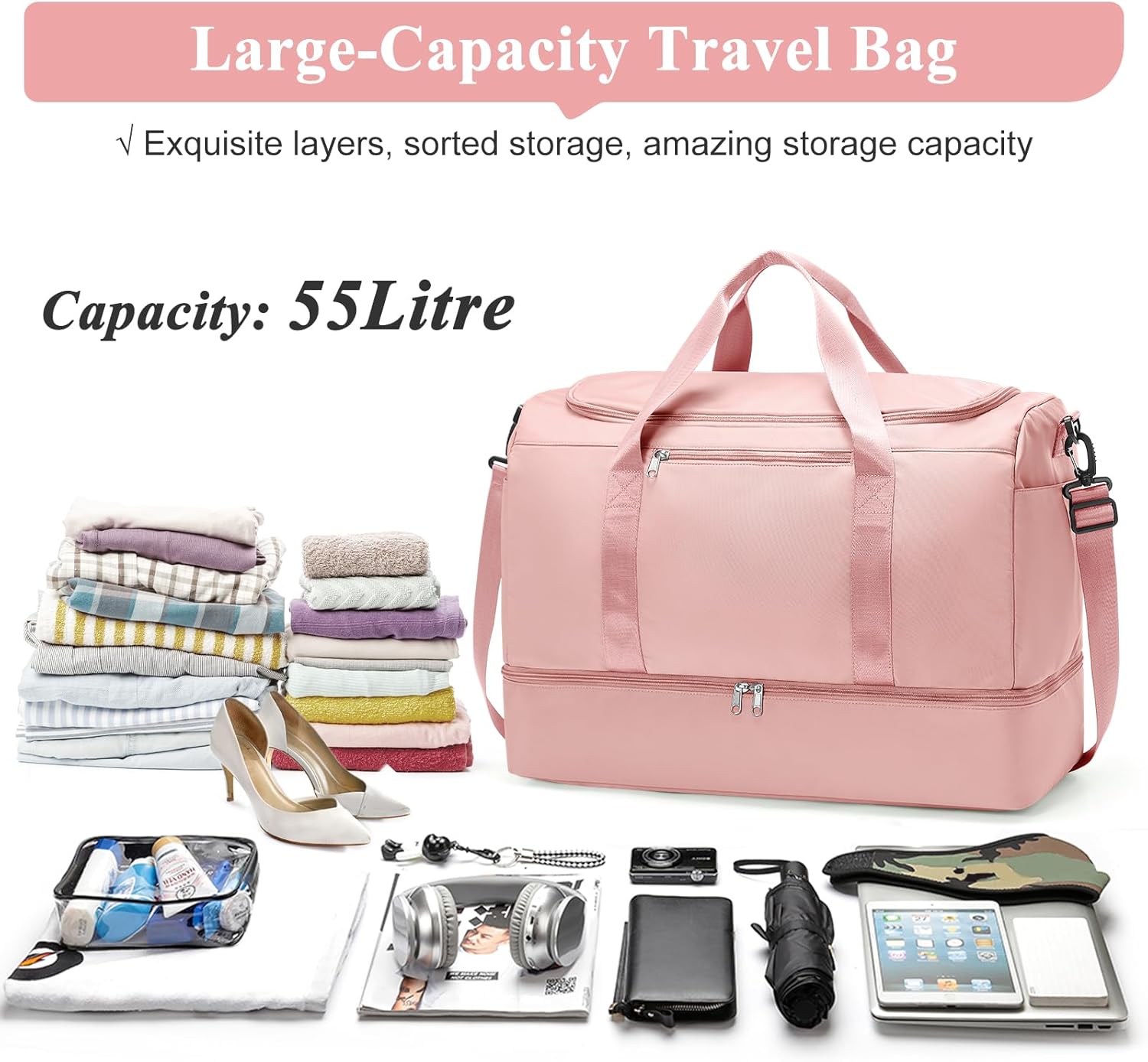 Extra Large Travel Duffle Bag,Carry on Overnight Weekend Bag with Shoes Compartment,Weekender Bags for Women for Travel Business Trips Sport Hospital - Image 3