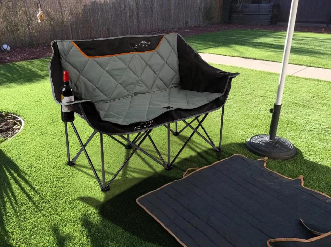 FAIR WIND Oversized Fully Padded Camping Chair Folding Loveseat Camping Couch Double Duo Chair Heavy Duty Quad Fold Arm Chair with Cup Hold - Supports 650 LBS Black - Image 2