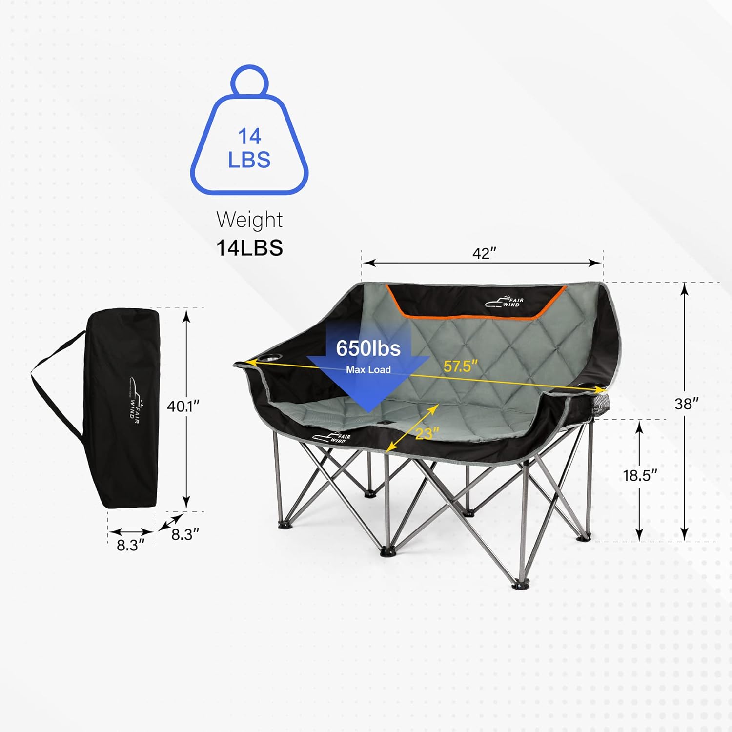 FAIR WIND Oversized Fully Padded Camping Chair Folding Loveseat Camping Couch Double Duo Chair Heavy Duty Quad Fold Arm Chair with Cup Hold - Supports 650 LBS Black - Image 3