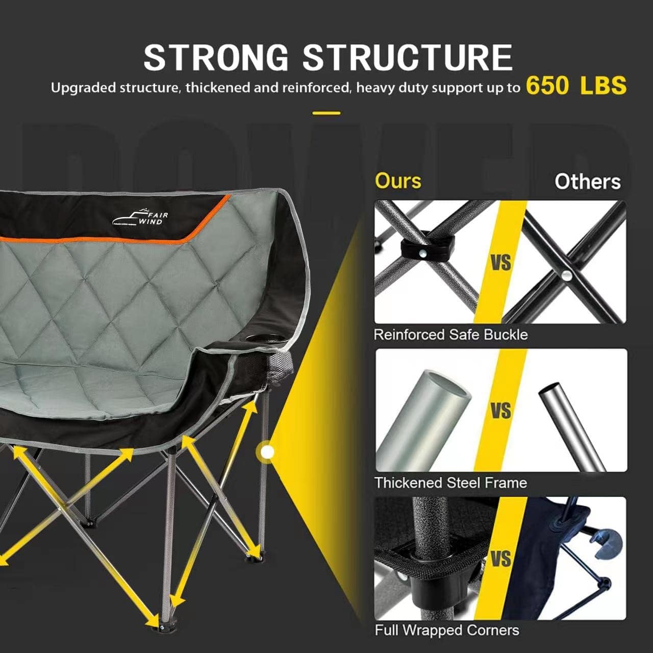 FAIR WIND Oversized Fully Padded Camping Chair Folding Loveseat Camping Couch Double Duo Chair Heavy Duty Quad Fold Arm Chair with Cup Hold - Supports 650 LBS Black - Image 6