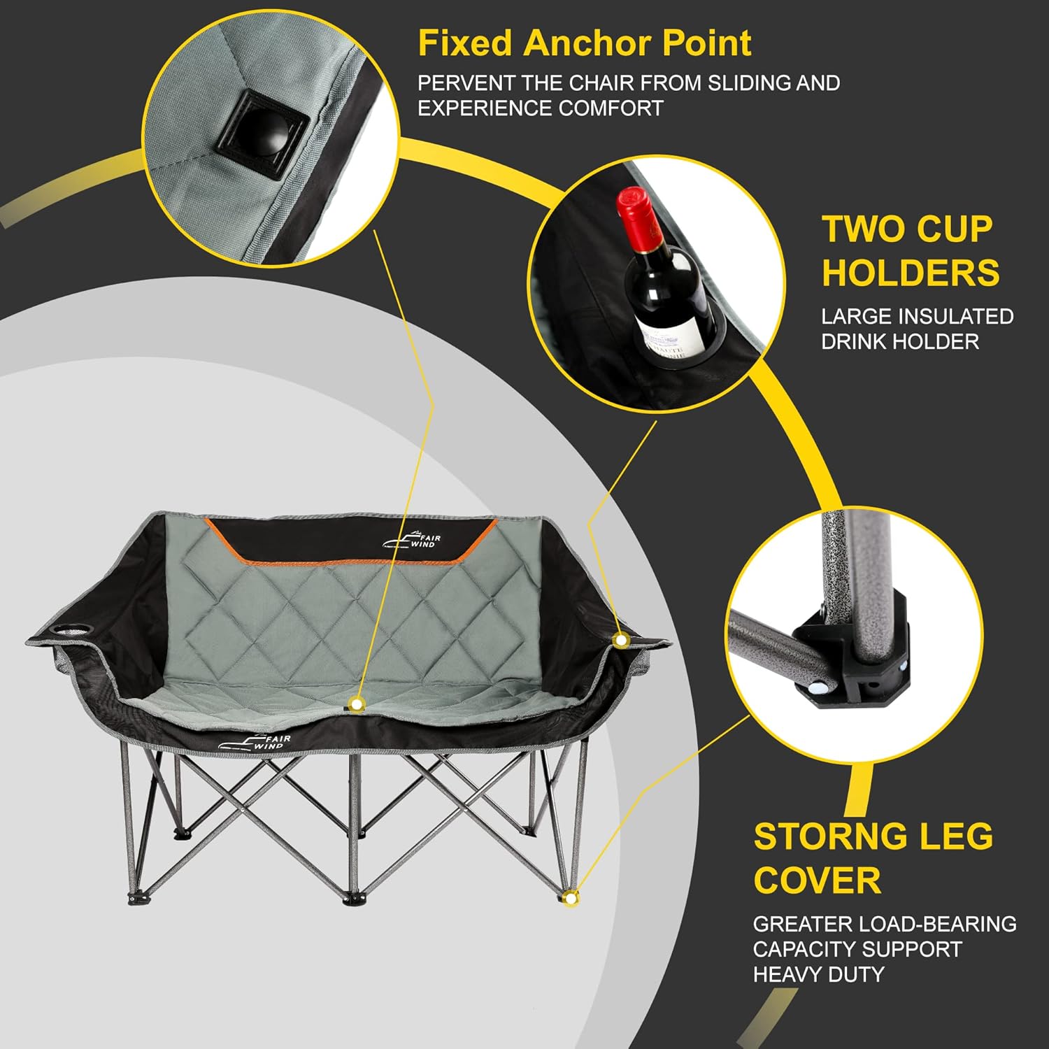FAIR WIND Oversized Fully Padded Camping Chair Folding Loveseat Camping Couch Double Duo Chair Heavy Duty Quad Fold Arm Chair with Cup Hold - Supports 650 LBS Black - Image 7