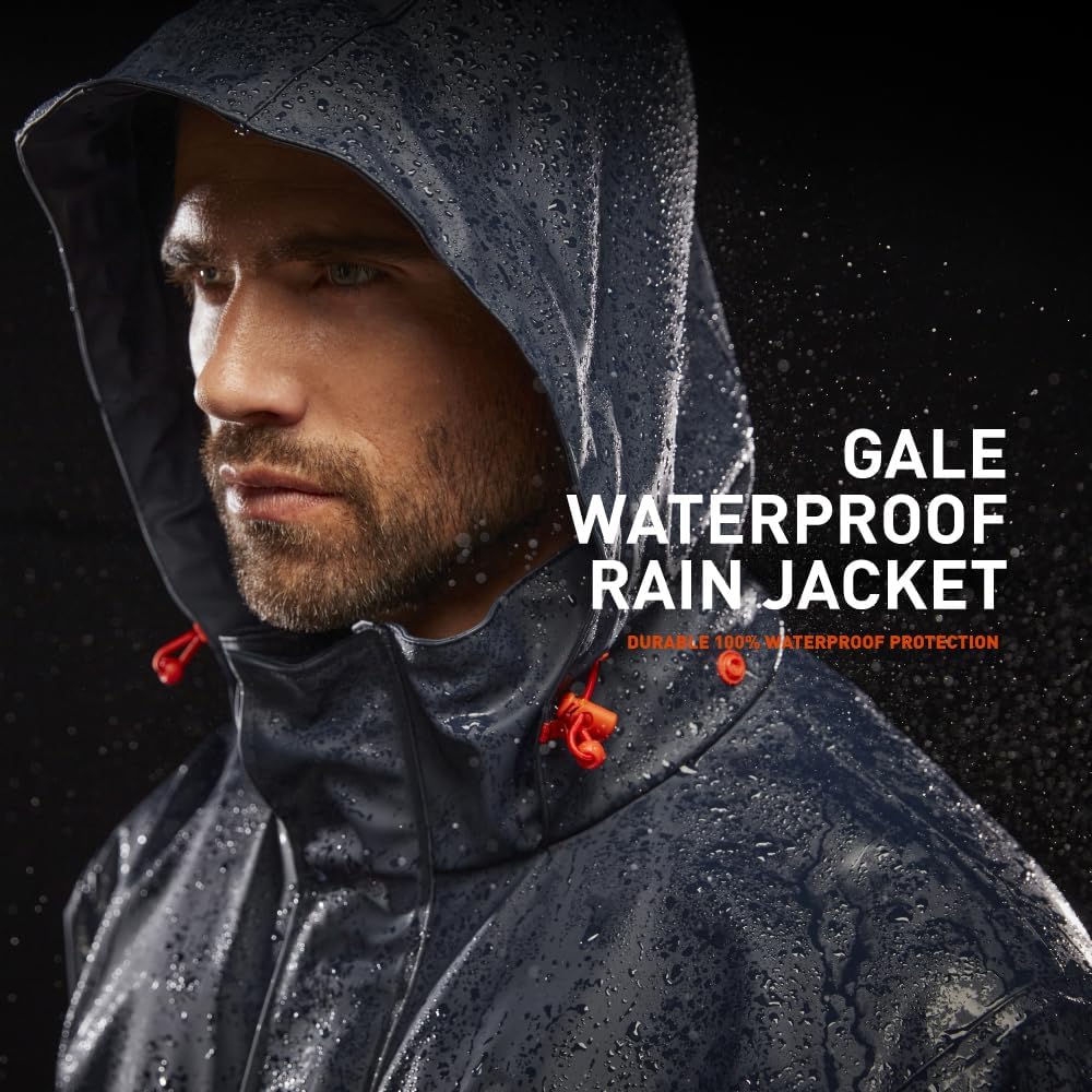 Workwear Gale Men’s Waterproof Rain Jacket - Heavy-Duty PU Polyester Windbreaker - Packable Hood & Hem - Image 2