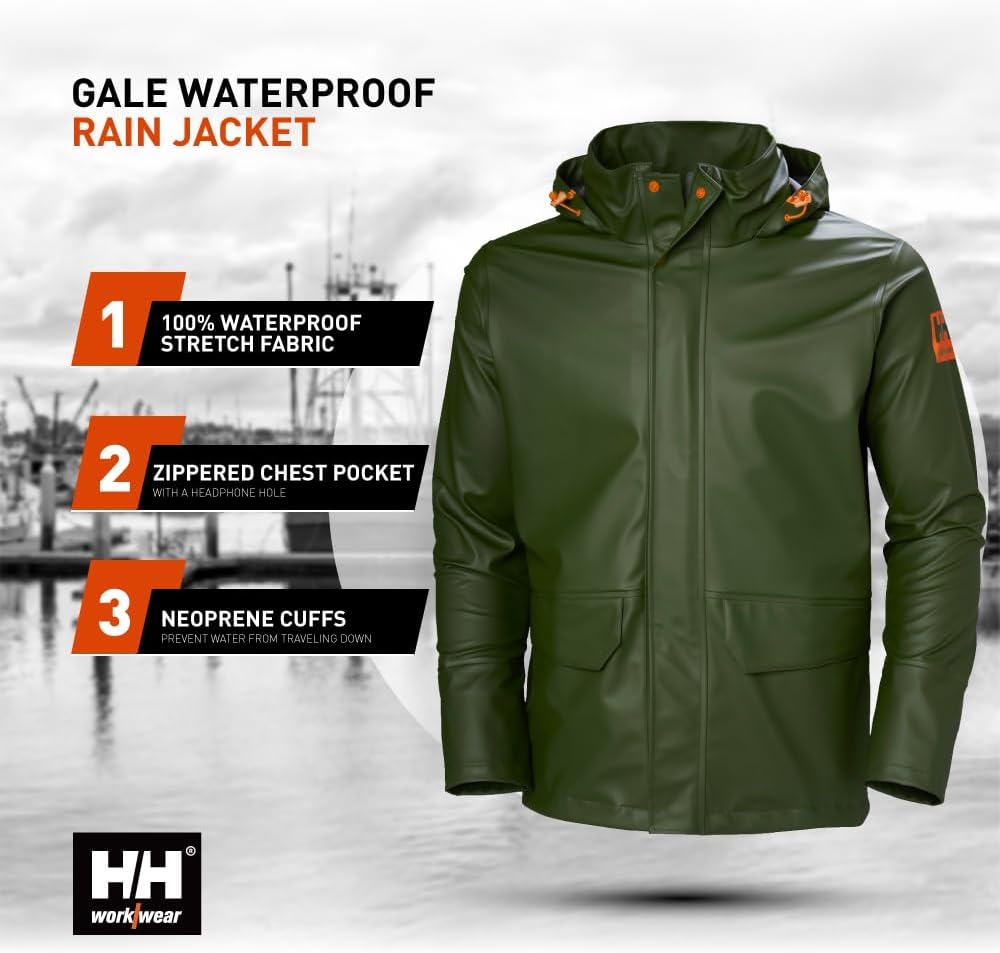Workwear Gale Men’s Waterproof Rain Jacket - Heavy-Duty PU Polyester Windbreaker - Packable Hood & Hem - Image 3