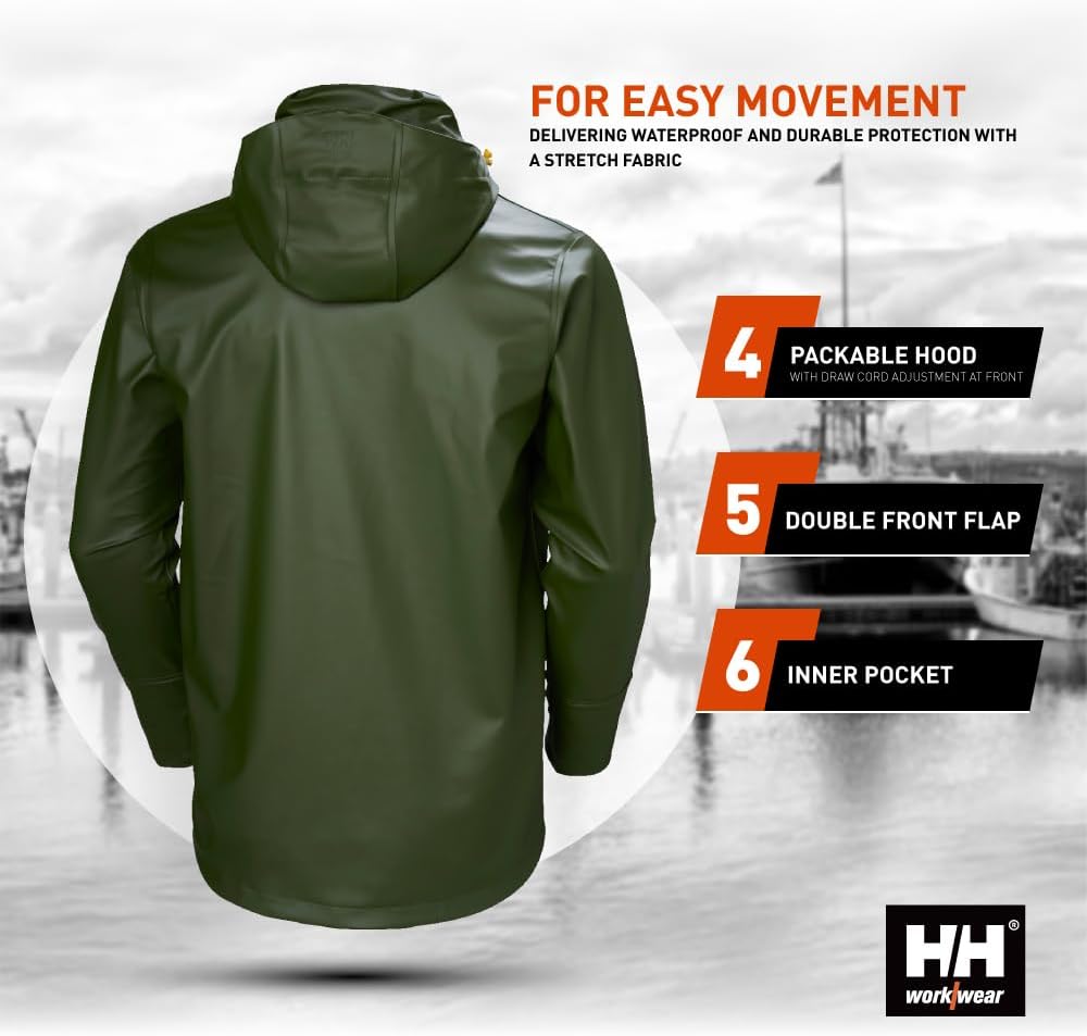 Workwear Gale Men’s Waterproof Rain Jacket - Heavy-Duty PU Polyester Windbreaker - Packable Hood & Hem - Image 5