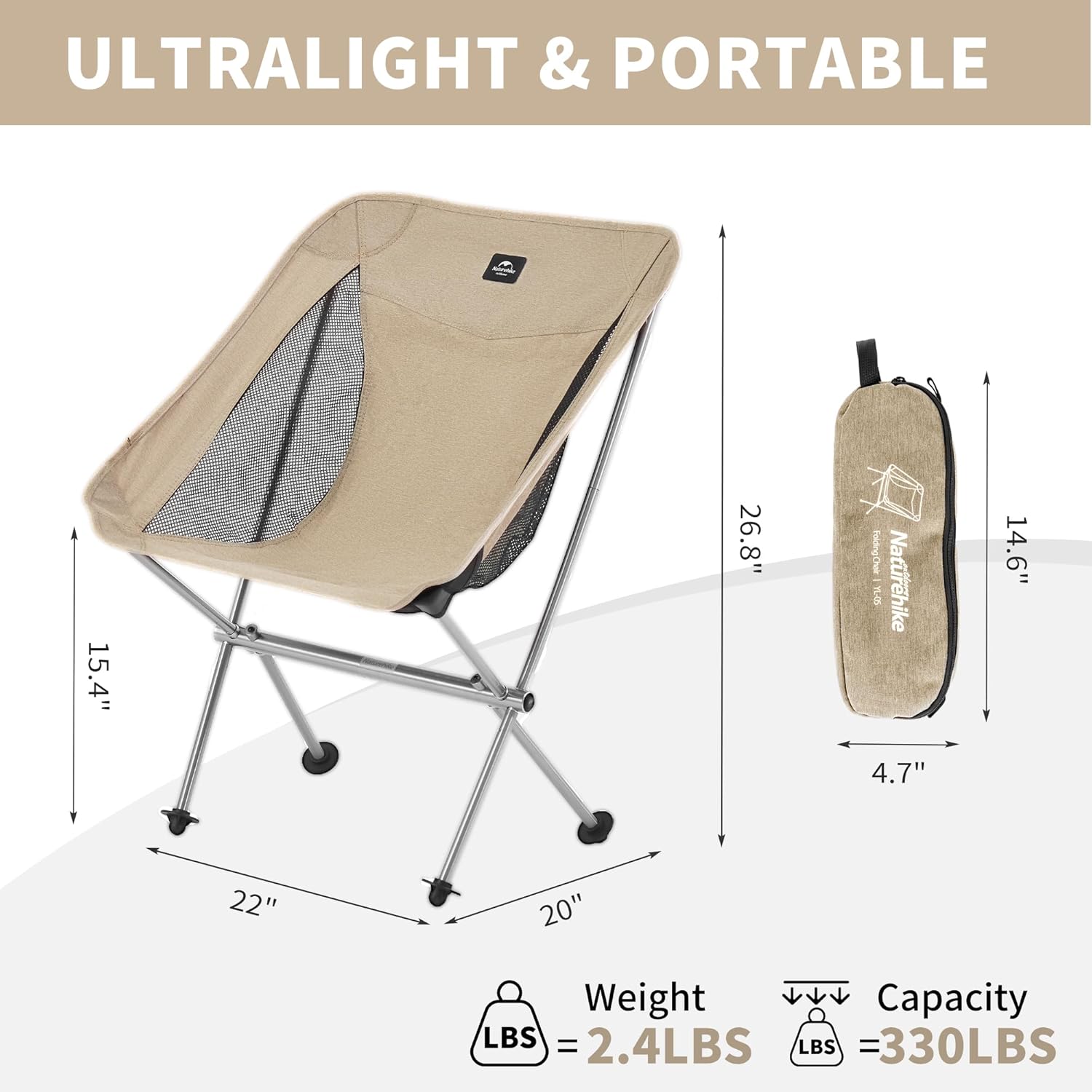 Naturehike YL05 Camping Chair, Ultralight Portable Camp Chair with Storage Bag, Compact Folding Beach Chair for Backpacking Hiking Fishing Picnic - Image 3